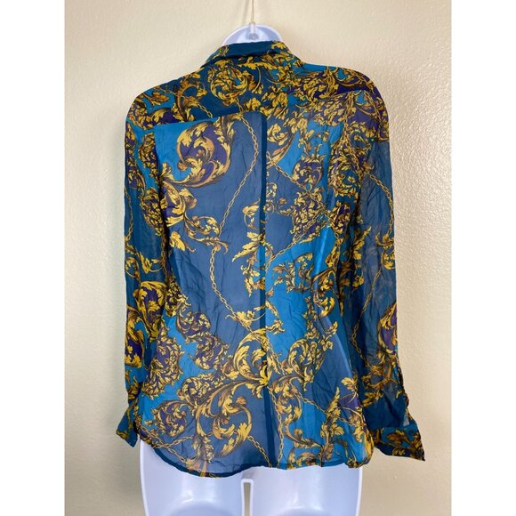 Bebe Mulberry Silk Womens Baroque Print Sheer Button Up Top size XS Long Sleeve - Picture 2 of 13
